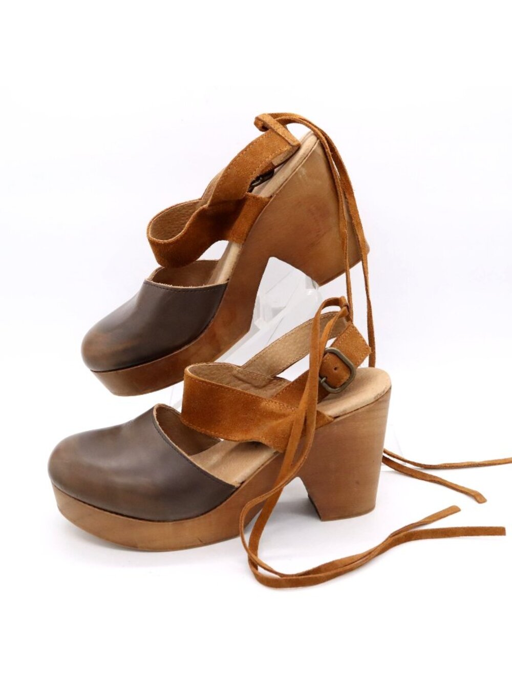 Free People Belmont Brown Leather Ankle Strap High Heel Clogs Women's Sz 36 / 6